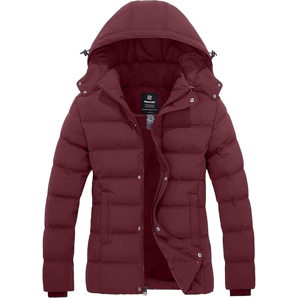 Women's Thicken Wine Red Quilted Puffer Hooded Jacket Coat Warm Winter Removable